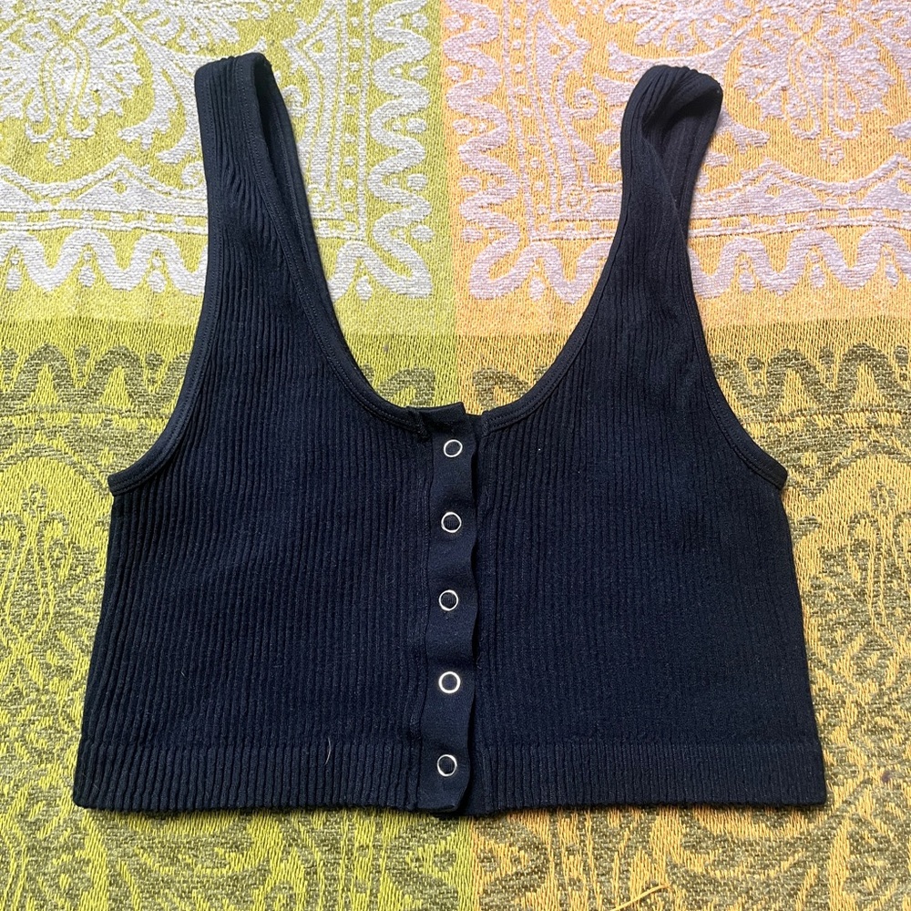 Aerie Black Button-Front Ribbed Crop Top / Bralette